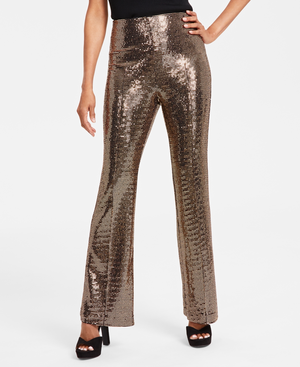 Inc International Concepts Women's High-rise Metallic Bootcut Pants, Created For Macy's In Bronze Sequin
