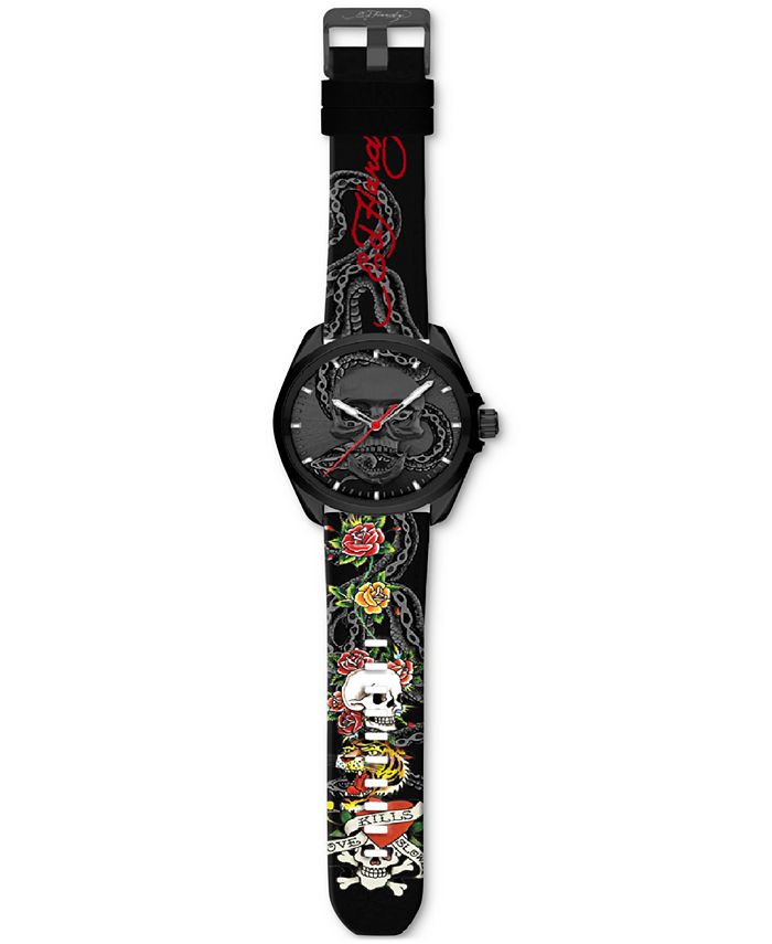 Ed Hardy Men's Printed Black Silicone Strap Watch 46mm - Macy's