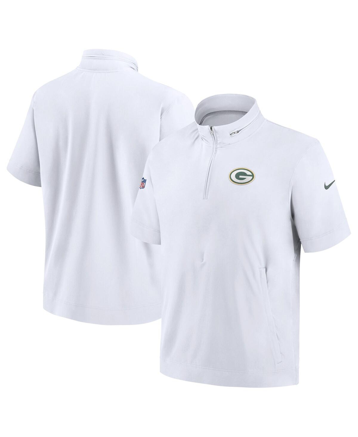 Shop Nike Men's  White Green Bay Packers Sideline Coach Short Sleeve Hoodie Quarter-zip Jacket