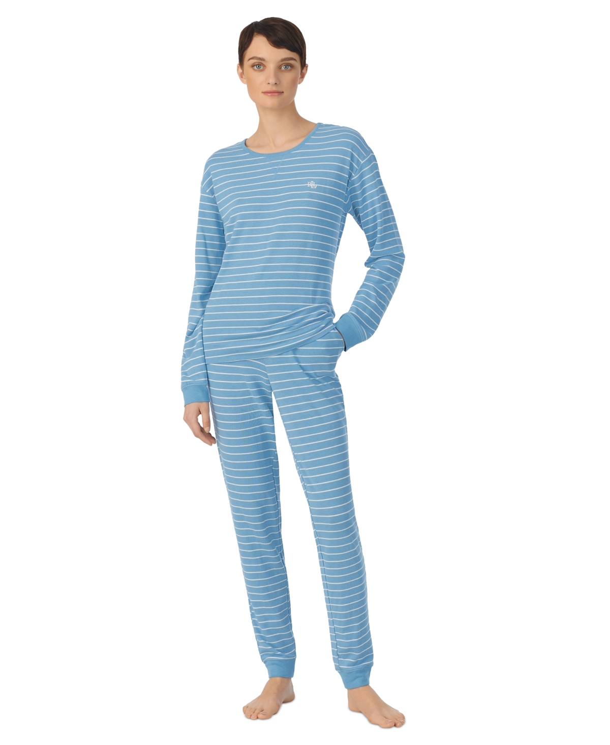 Lauren Ralph Lauren Women's Long Sleeve Crew Neck Jogger Pants 2 Piece Pajama Set In Dkblstp