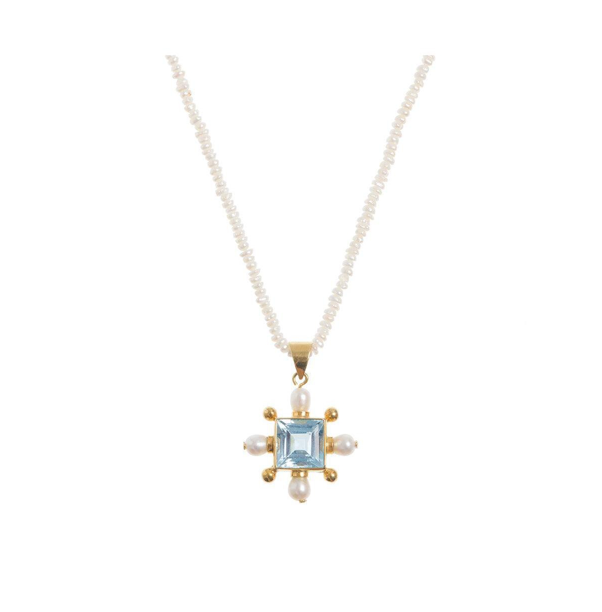 Seed Pearl Necklace With Blue Topaz Cross Pendant - Blue