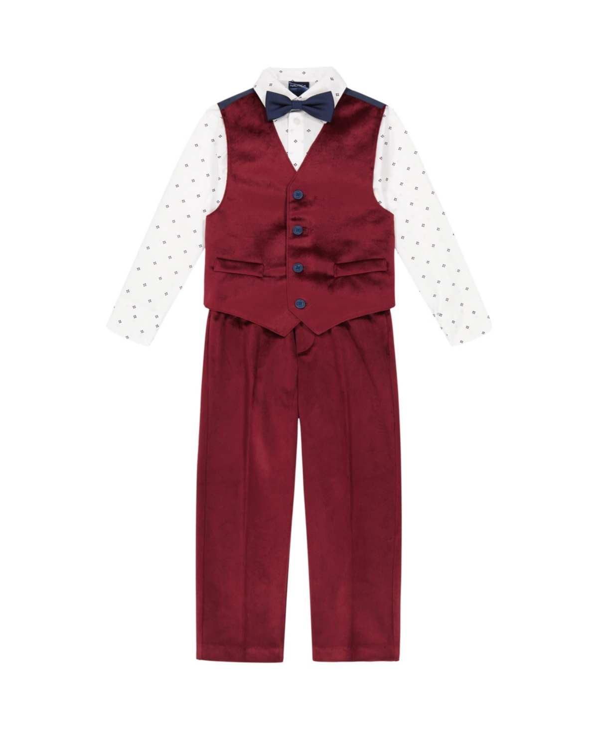 Shop Nautica Little Boys Burgundy Velvet Vest, Pant, Pattern Shirt And Bow-tie, 4 Piece Set In Dark Red