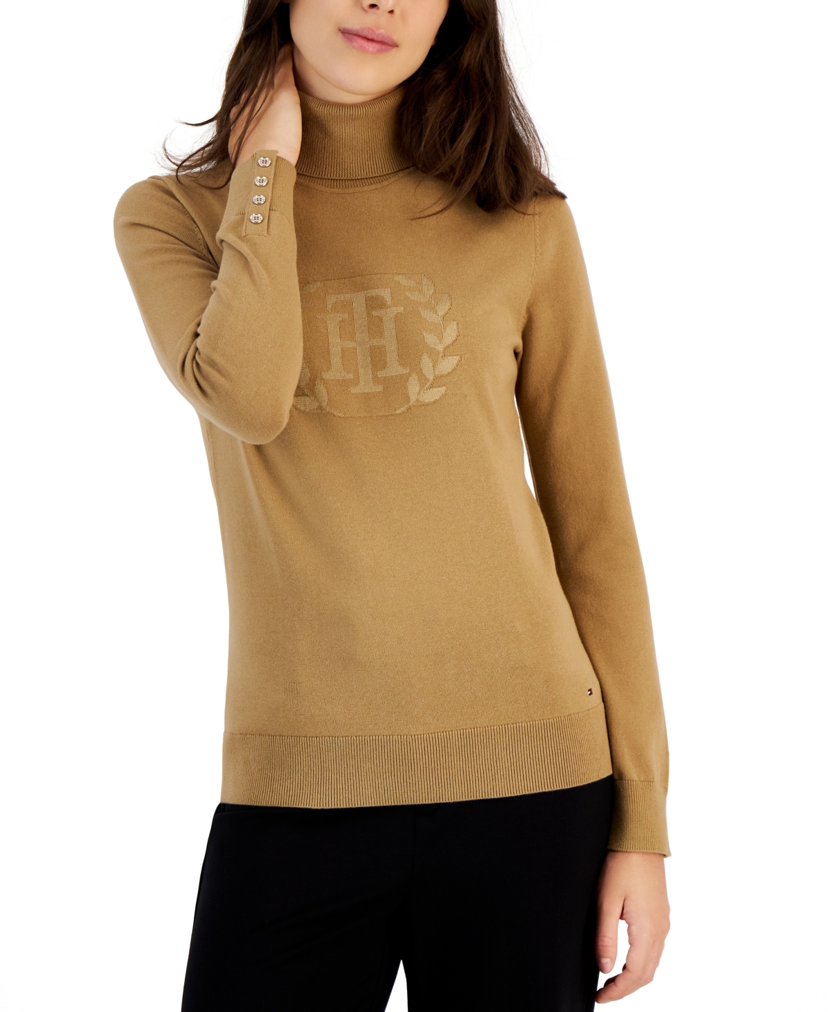 Tommy Hilfiger Women's Turtleneck Crest Logo Sweater In Tigers Eye,tigers Eye