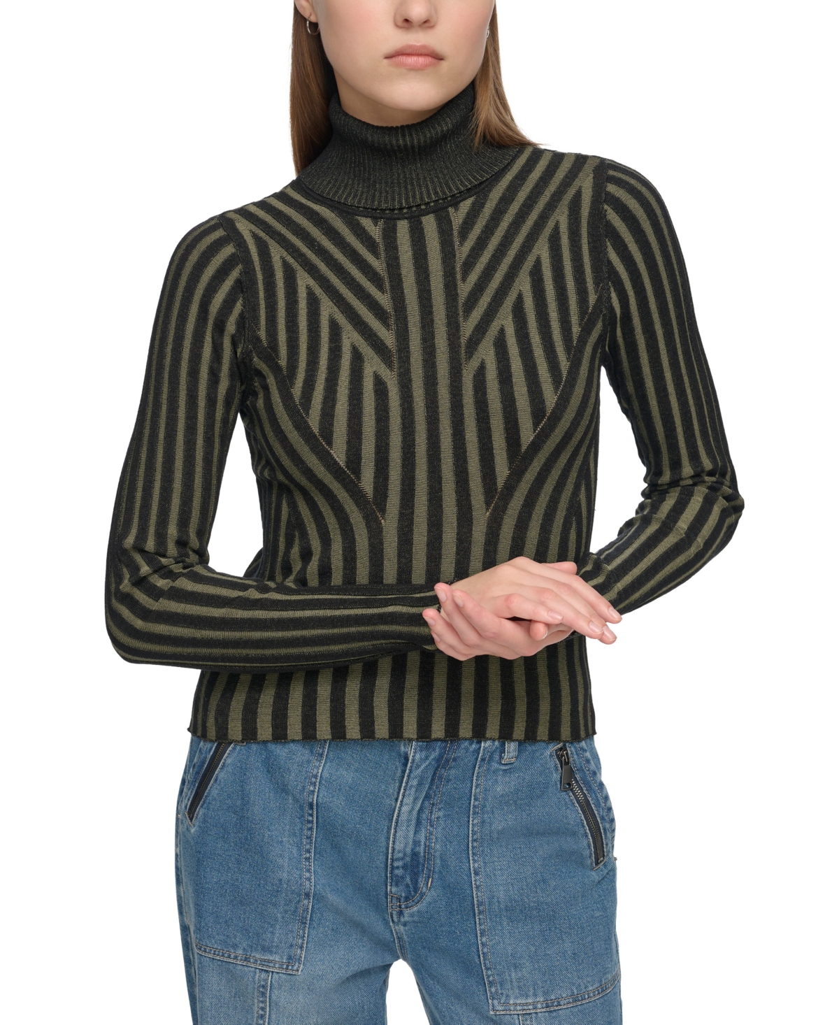 Dkny Jeans Women's Printed Turtleneck Long-sleeve Sweater In Light Fatigue,black