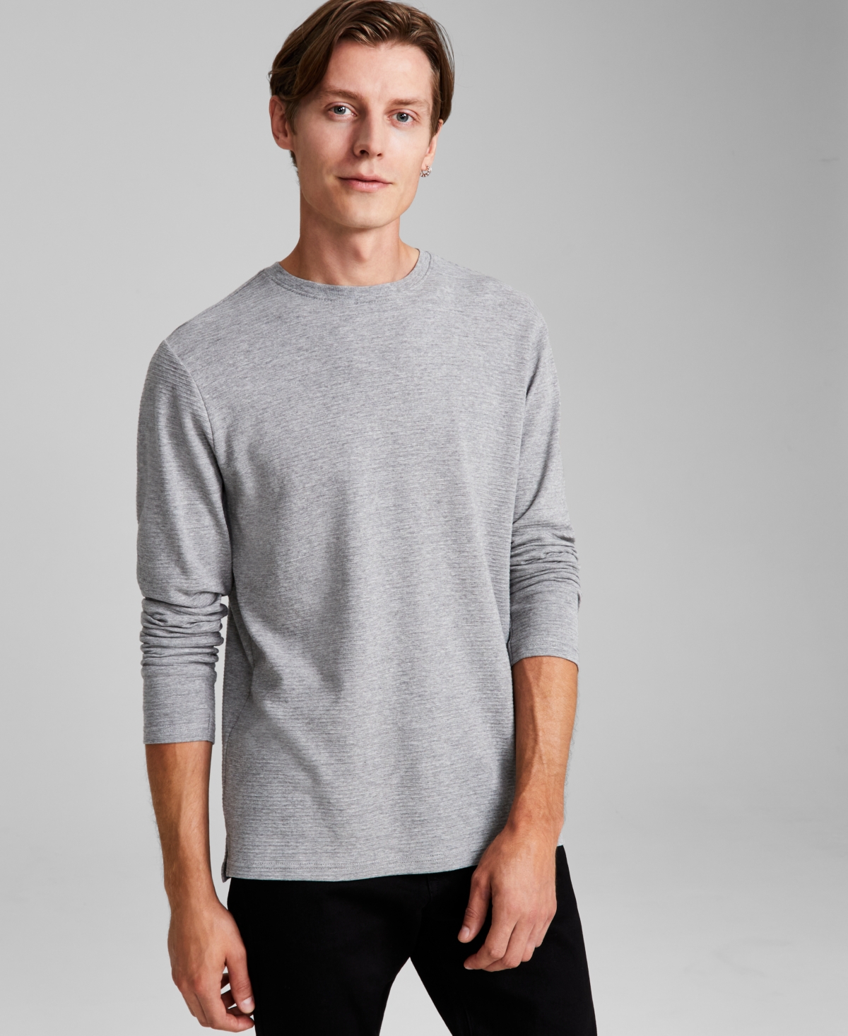Men's Regular-Fit Ottoman Ribbed Long-Sleeve T-Shirt, Created for Macy's - Grey Mel