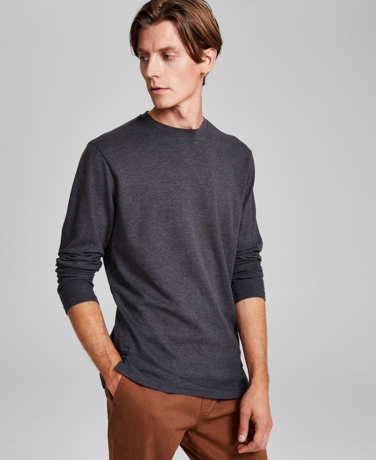 And Now This Men's Regular-fit Ottoman Ribbed Long-sleeve T-shirt, Created For Macy's In Black Mel