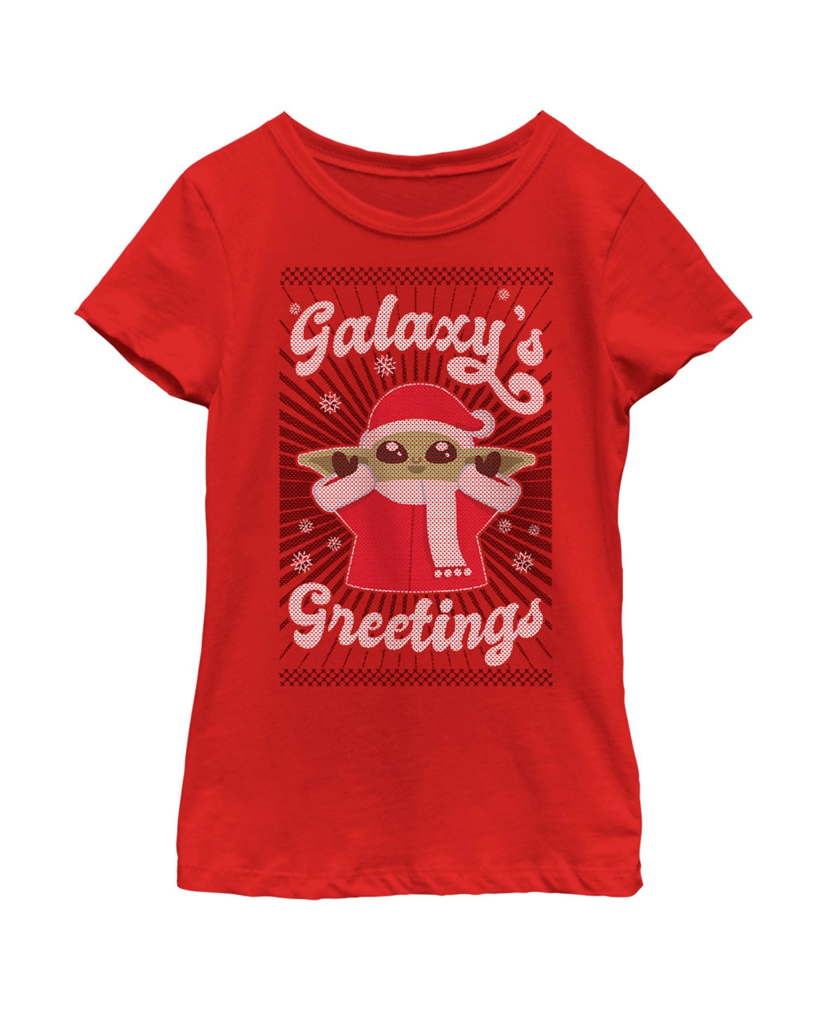 Disney Lucasfilm Girl's Star Wars: The Mandalorian Christmas Grogu Galaxy's Greetings Cute Child T-shirt In Red