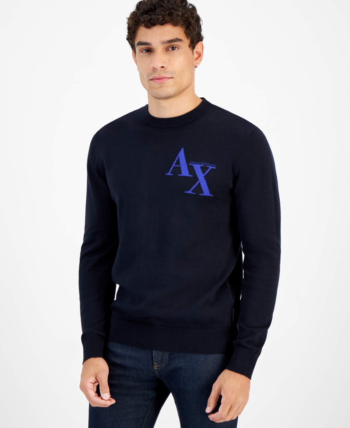 Ax Armani Exchange Men's Crewneck Logo Sweater, Created For Macy's In Deep Navy
