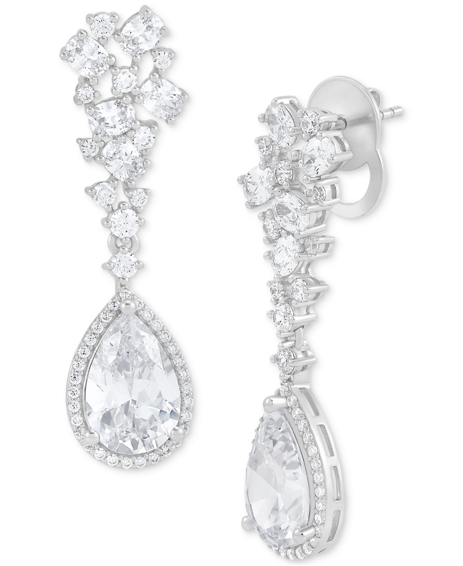 Cubic Zirconia Pear Halo Cluster Drop Earrings in Sterling Silver