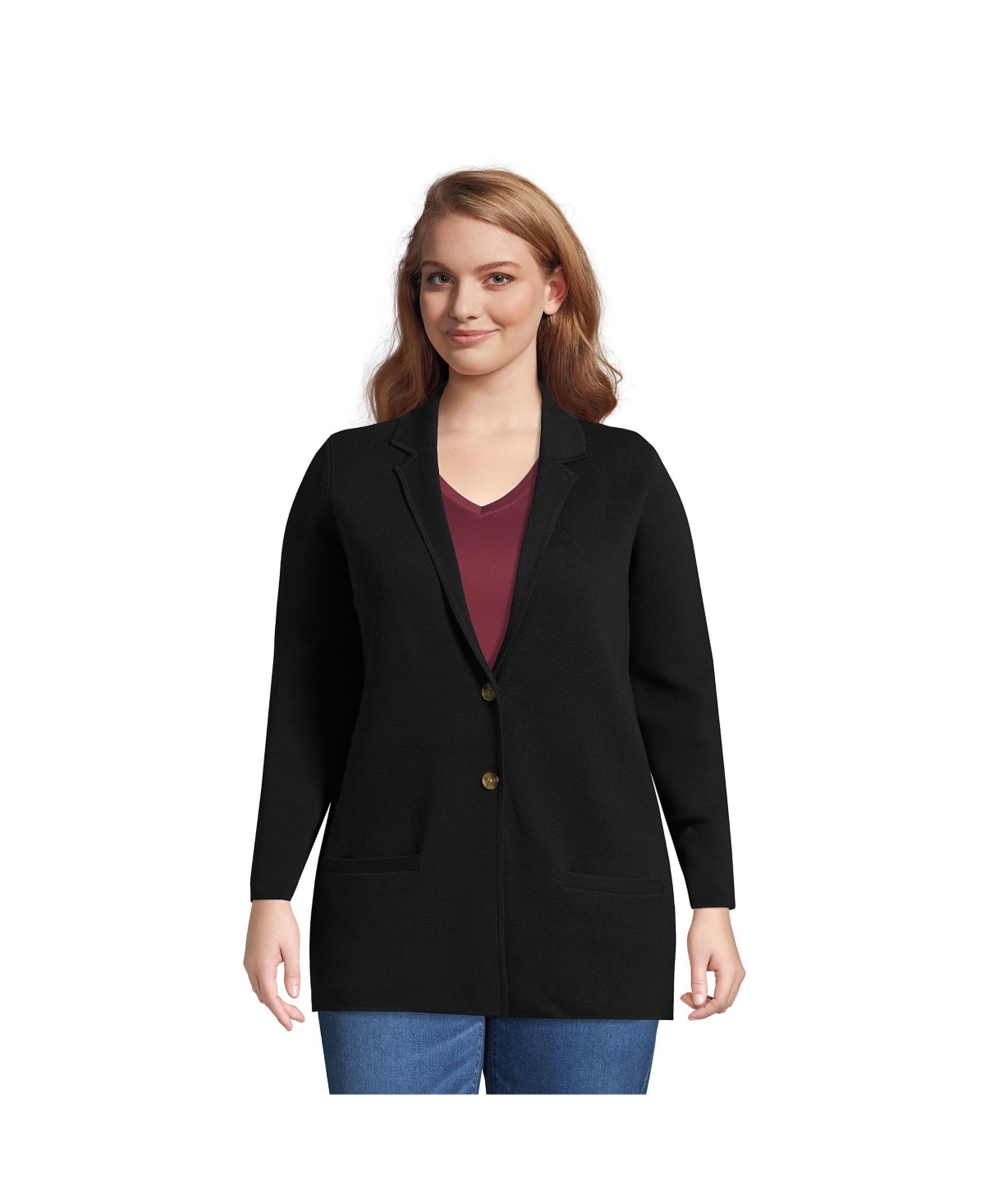 Lands' End Plus Size Fine Gauge Cotton Button Front Blazer Sweater