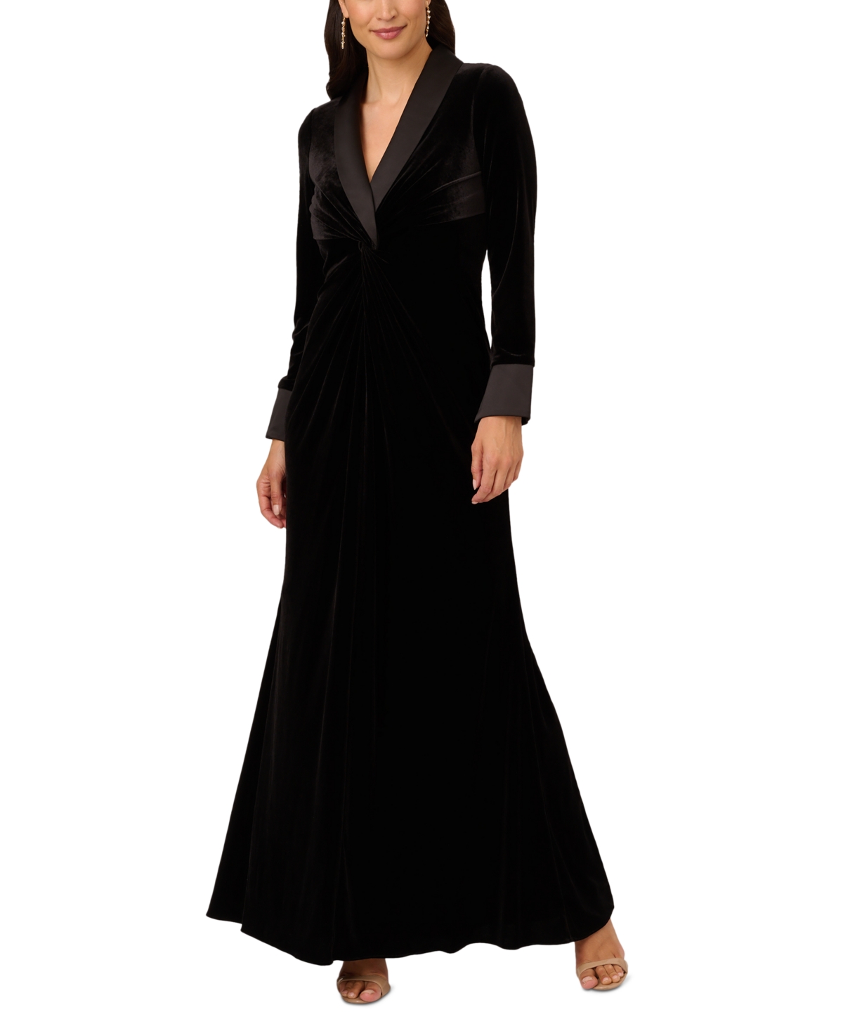 1950s History of Prom, Party, Evening and Formal Dresses Adrianna Papell Womens Velvet Twist-Front Tuxedo Gown - Black $219.00 AT vintagedancer.com