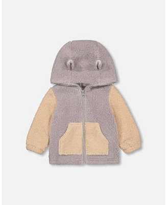 Deux Par Deux Sherpa Hooded Jacket Rustic Blue And Sand Deux Par Deux Sherpa Hooded Jacket Rustic Blue And Sand