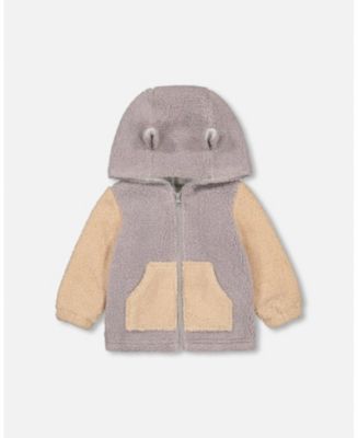 Deux Par Deux Sherpa Hooded Jacket Rustic Blue And Sand