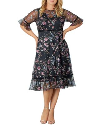 Plus Size Wildflower Embroidered Floral Mesh Cocktail Dress