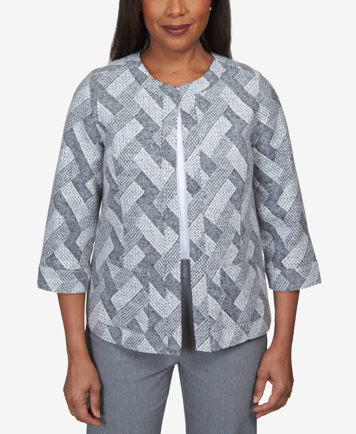 Alfred Dunner Petite Point Of View Geo Texture Jacket In Pewter