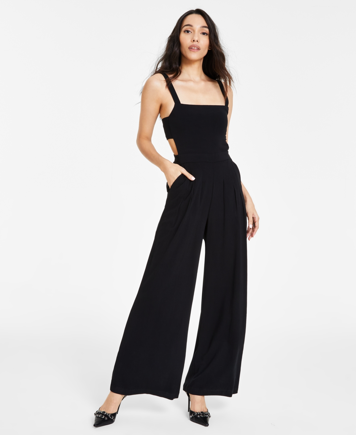 Bar Iii Women's Square-neck Cutout-side Wide-leg Jumpsuit, Created For Macy's In Deep Black