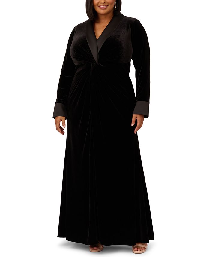 Adrianna Papell Plus Size Velvet Twist-Front Tuxedo Gown - Macy's