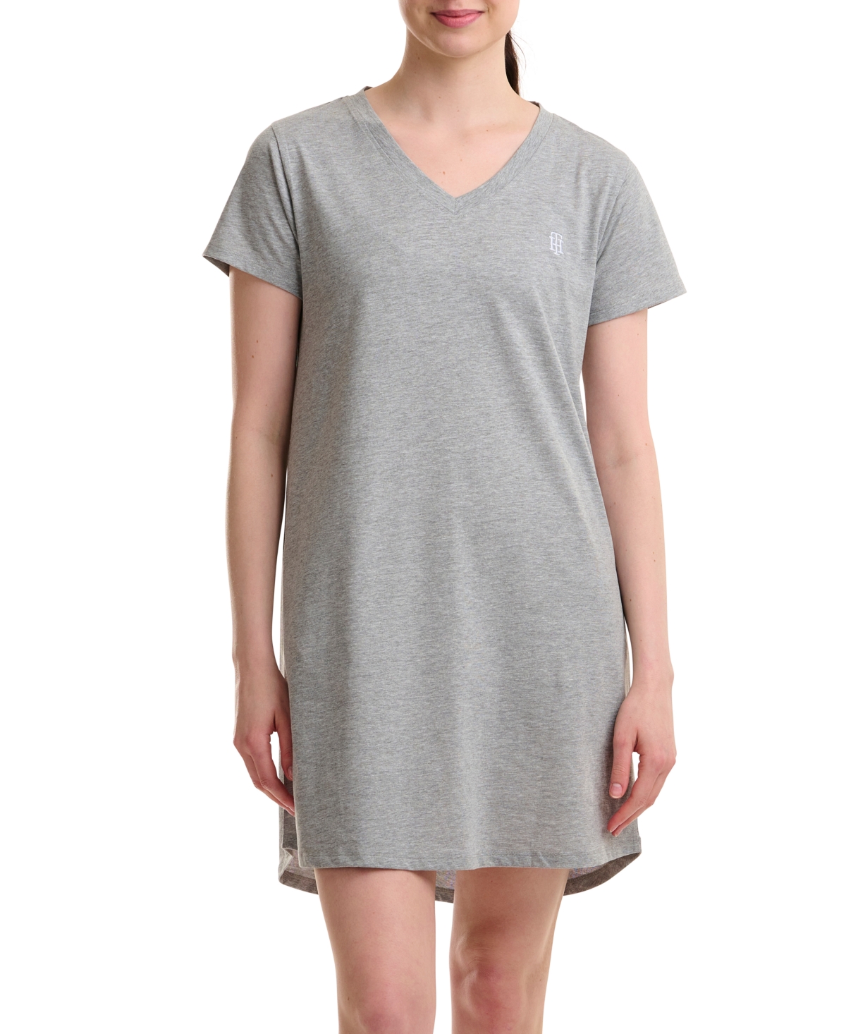 Tommy Hilfiger Women's V-neck Short-sleeve Sleepshirt In Heather Grey