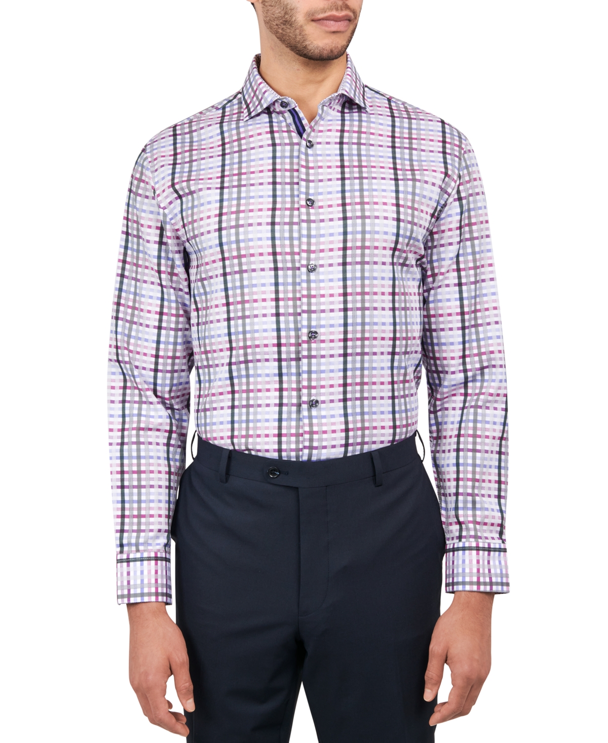 Michelsons Men's Regular-fit Windowpane Check Dress Shirt In Purple