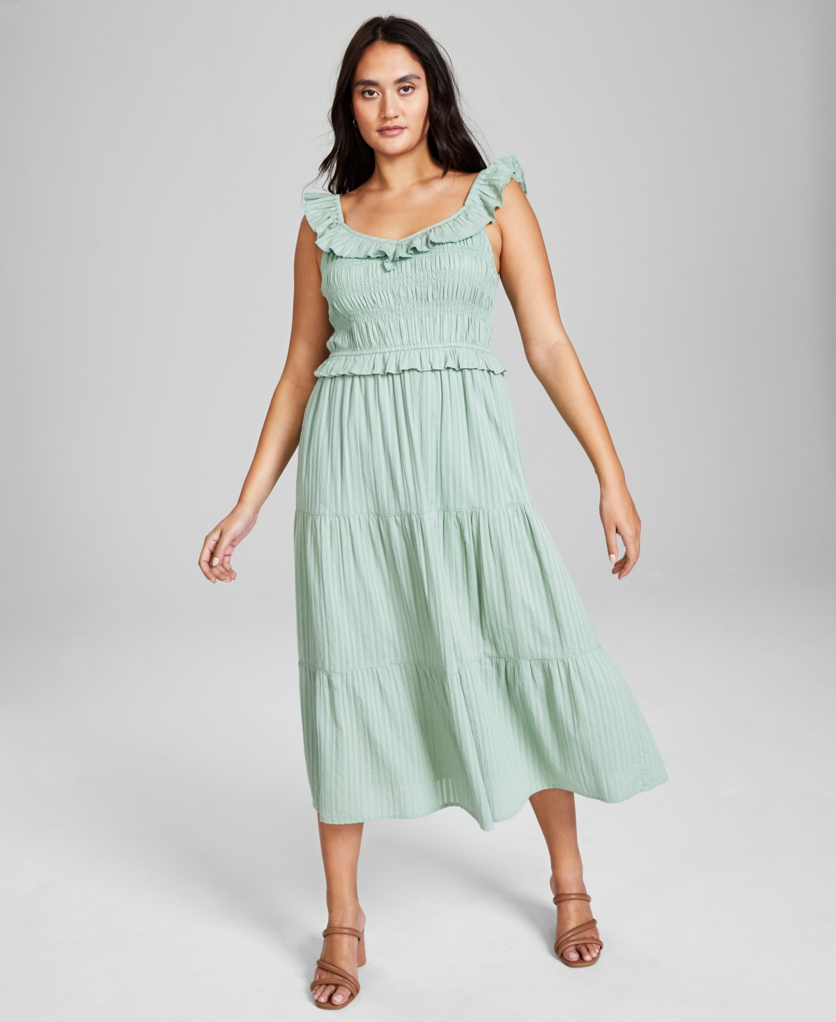 And Now This Women's Tonal Stripe Smocked Sleeveless Midi Dress, Created For Macy's In Green Pond