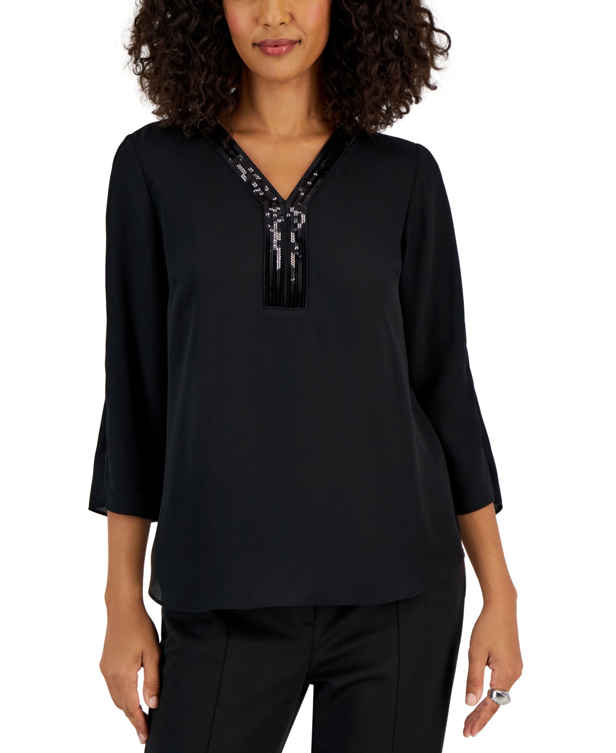 Jm Collection Women's Sequin-trim 3/4-sleeve Tunic, Created For Macy's In Deep Black