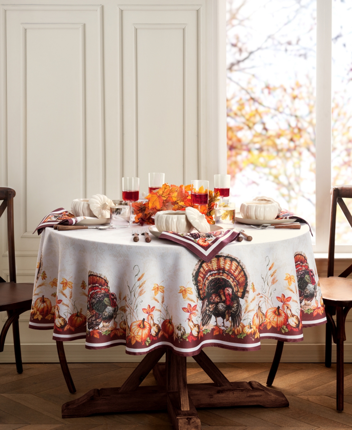 Elrene Autumn Heritage Turkey Engineered Tablecloth, 60" X 84" Oval In Multi