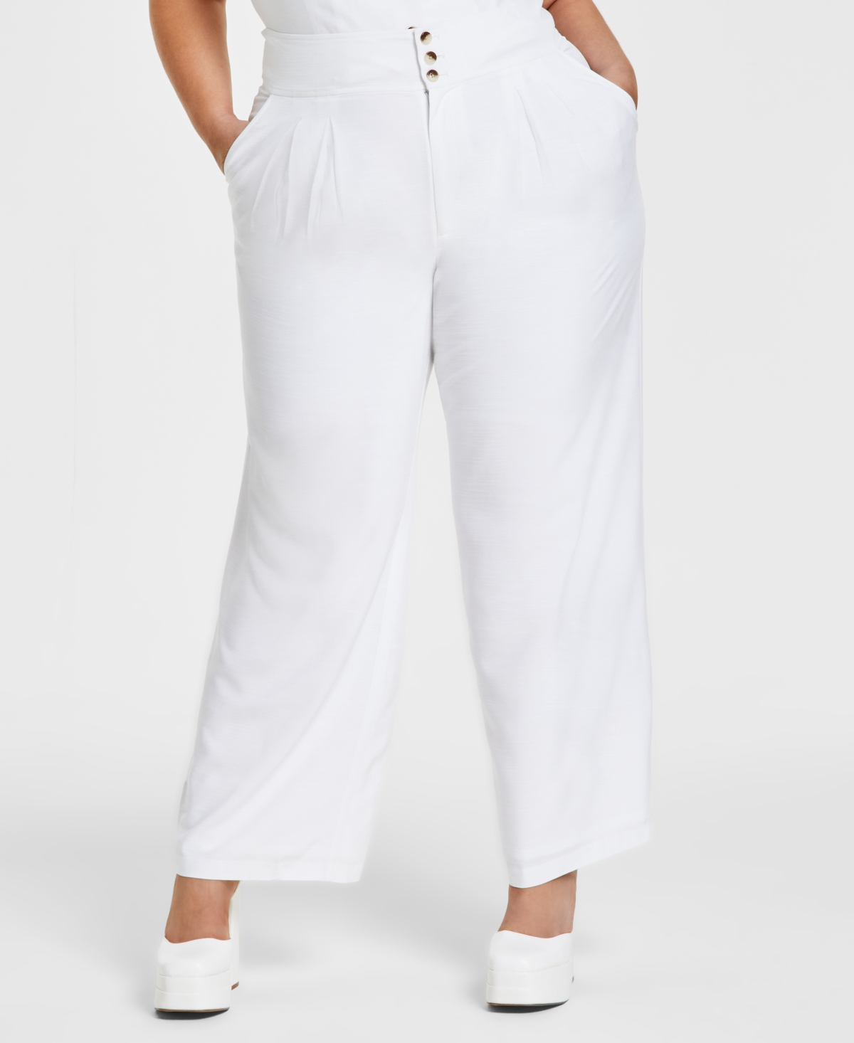 Bar Iii Plus Size High Rise Pleated Wide-leg Pants, Created For Macy's In Bright White