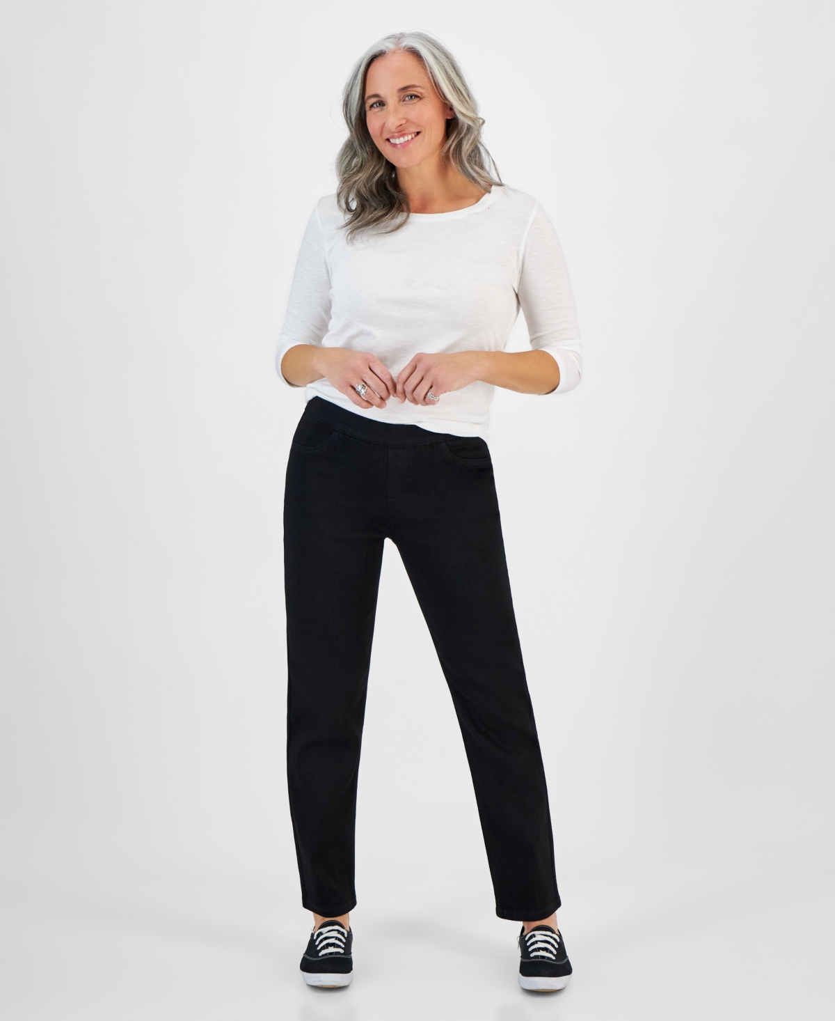 Style & Co Petite Mid-rise Pull-on Straight Jeans, Created For Macy's In Black Rinse