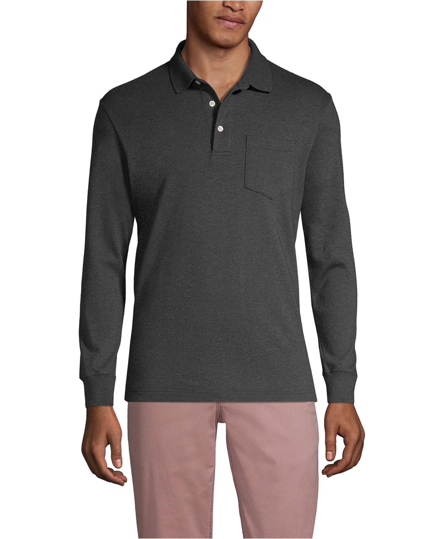 Мужское поло Lands' End Long Sleeve Cotton Supima Polo Shirt with Pocket, цвет: Тёмный угольный меланжевый — фото 1