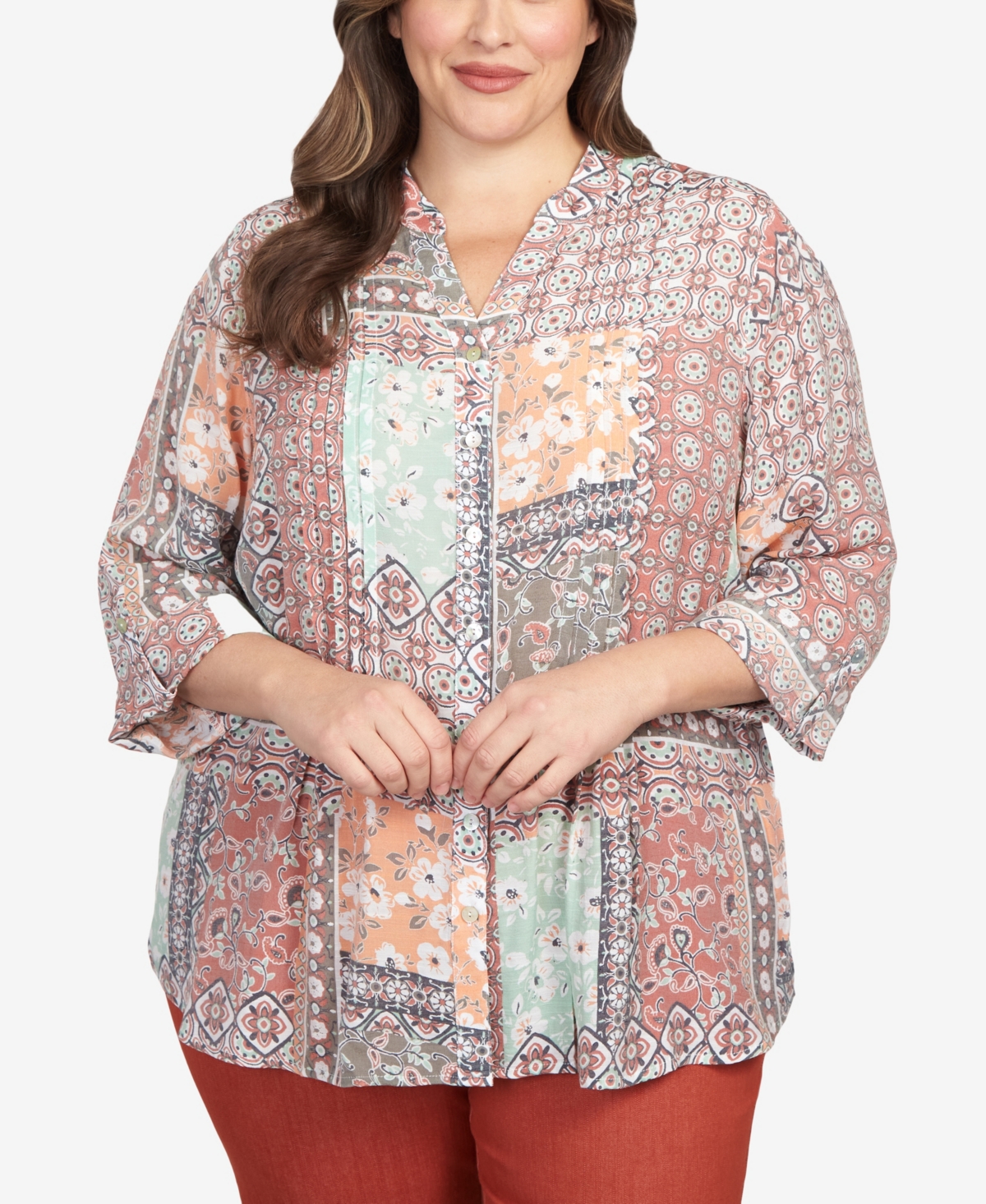 Ruby Rd. Plus Size Paisley Patchwork Print Button Front Top In Rust Multi