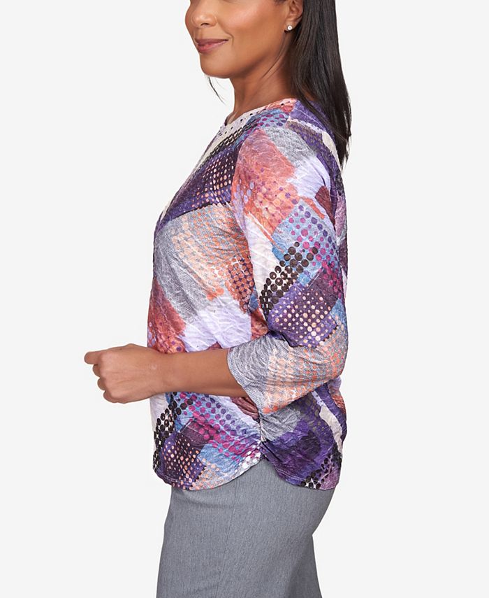 Alfred Dunner Women's Point of View Patchwork Dots Embellished Neck Top