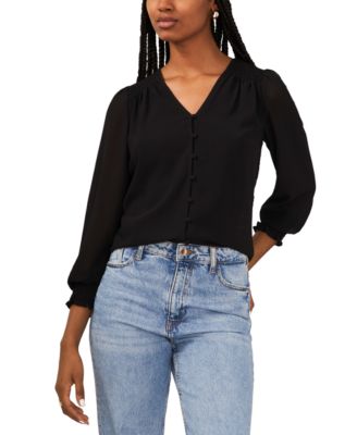 Sam & Jess - Petite V-Neck Smocked-Shoulder Blouse