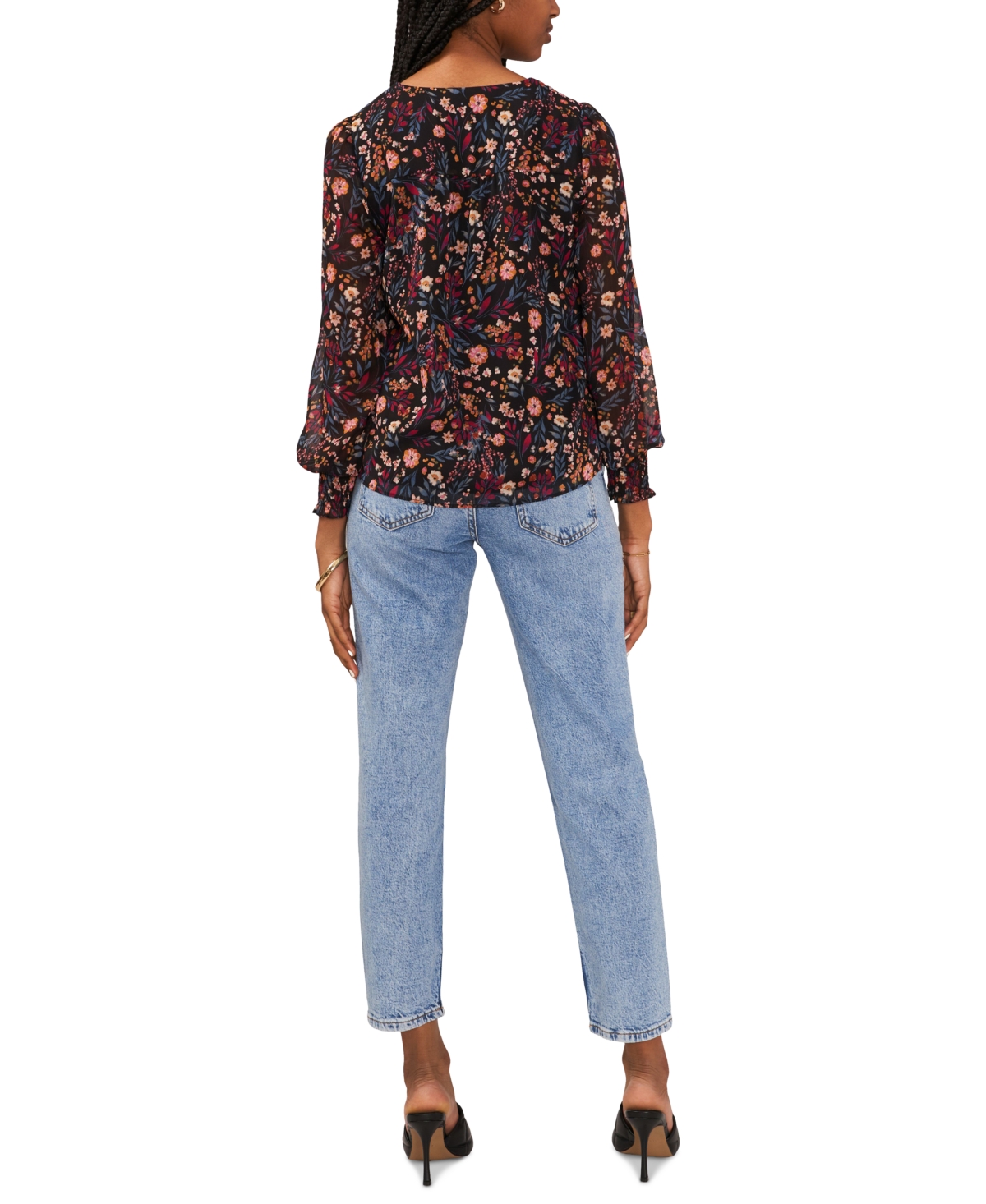 Sam & Jess Petite Printed V-Neck Smocked-Shoulder Blouse