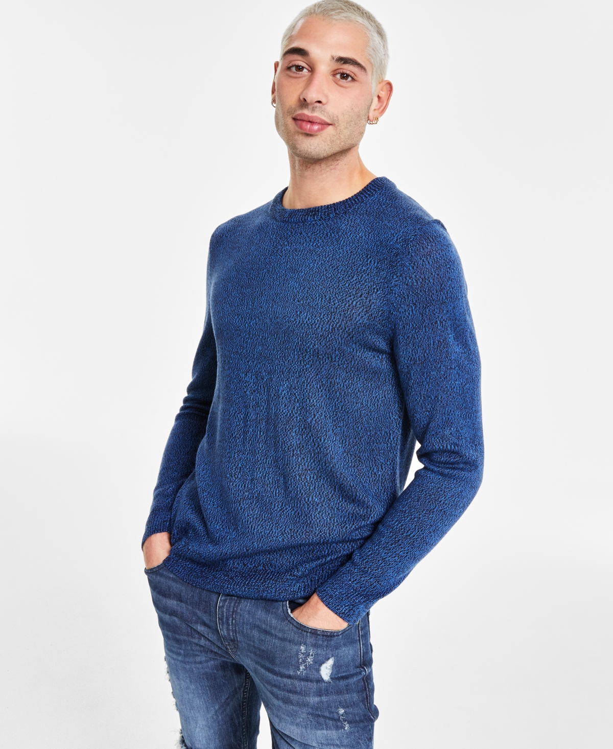 Inc International Concepts Men's Regular-fit Textured Crewneck Sweater, Created For Macy's In Galaxy Blue