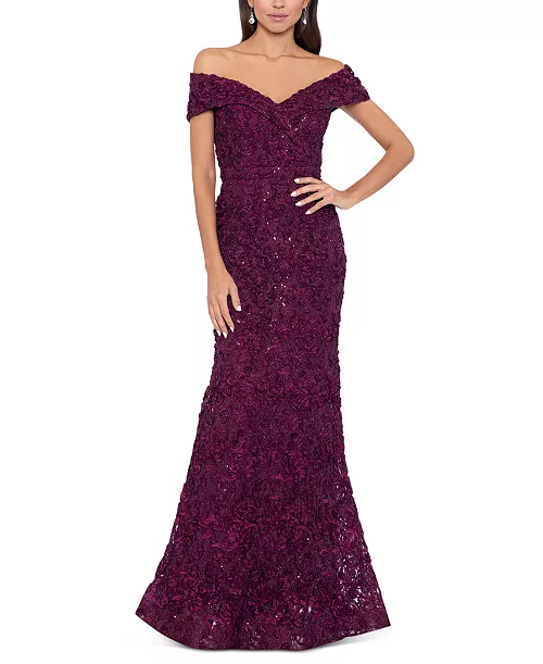 off-the-shoulder lace gown