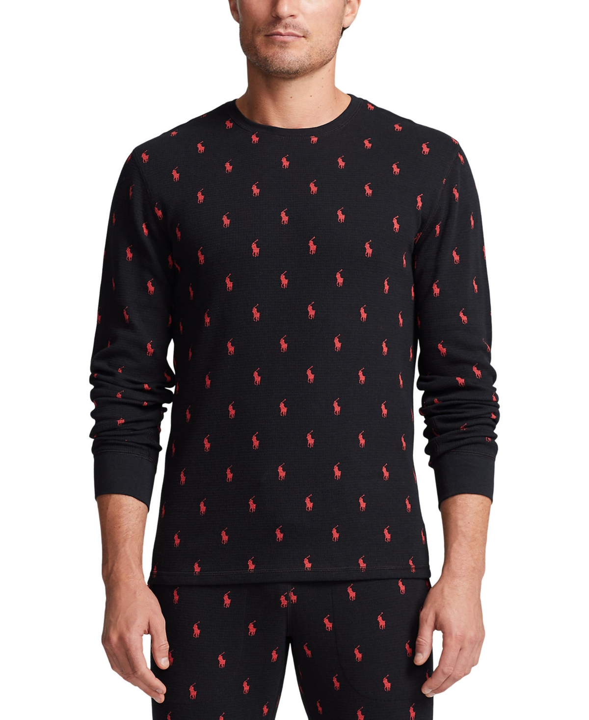 Polo Ralph Lauren Men's Waffle-knit Thermal Sleep Shirt In Polo Black  Rl Red Aopp