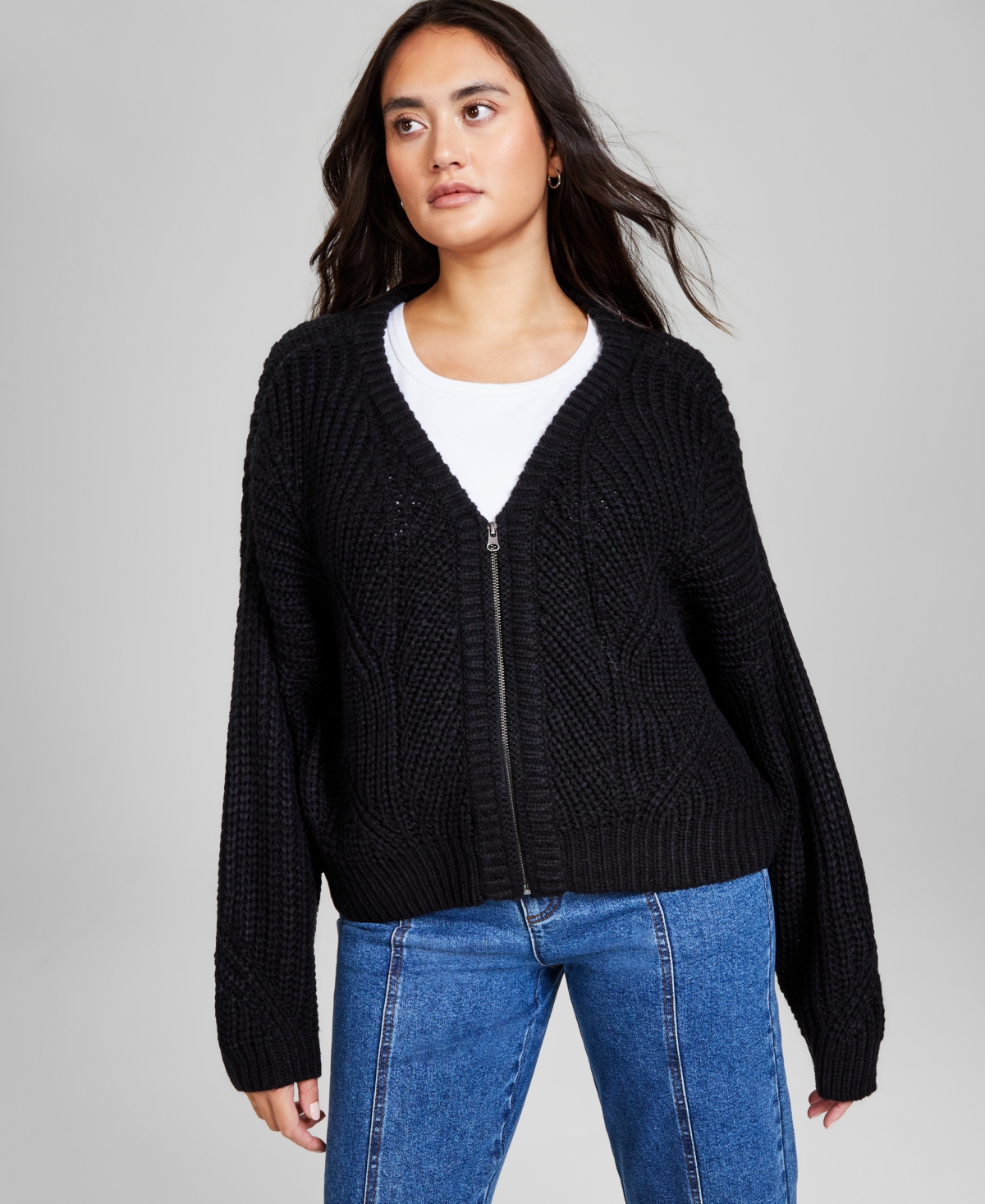 And Now This Women's Long-sleeve V-neck Zip-front Cardigan, Created For Macy's In Black