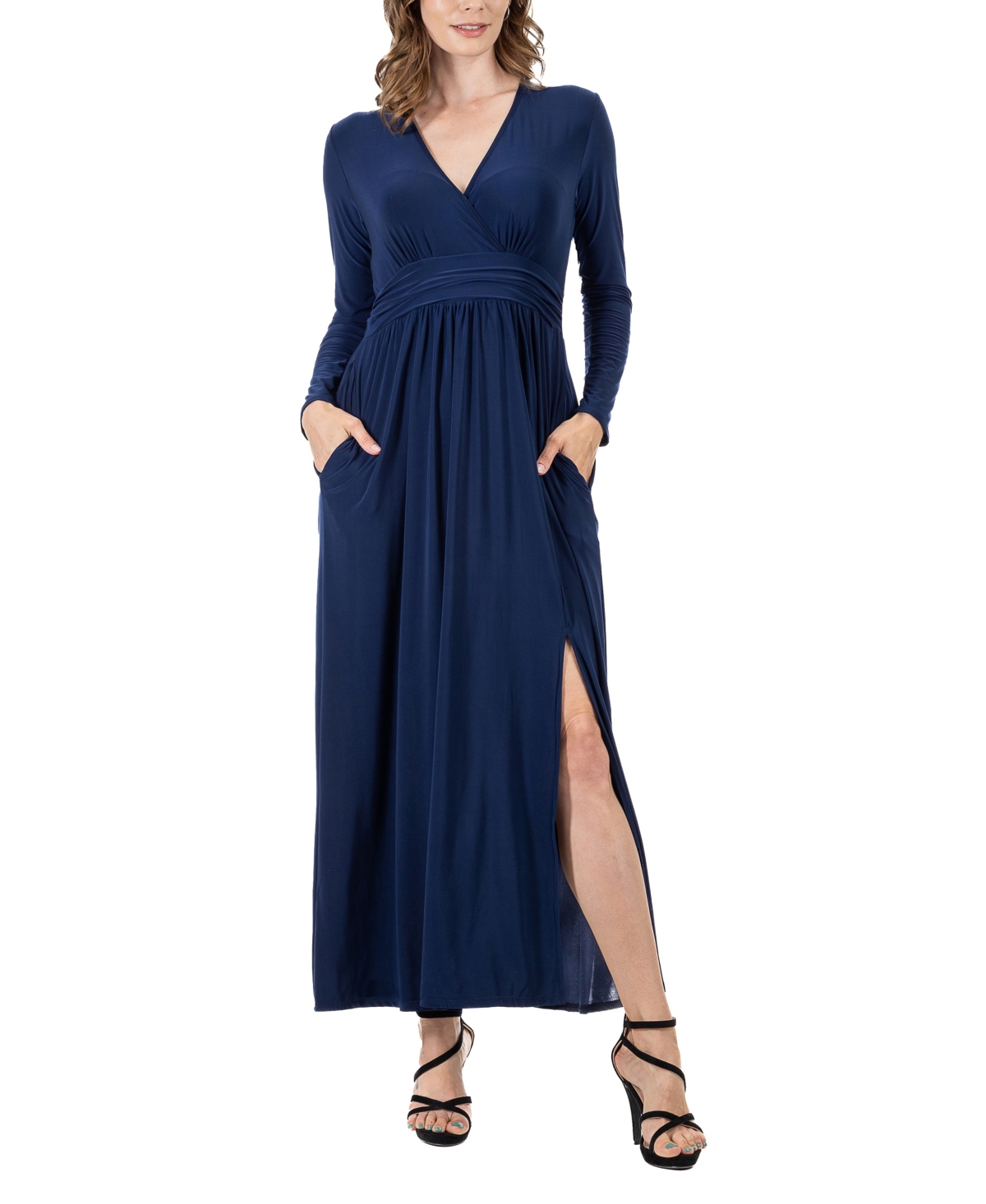 24seven Comfort Apparel Women's Long Sleeve V-neck Side Slit Maxi Dress In Navy