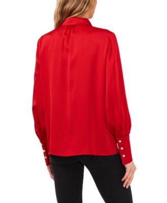 Women's Luxe Satin Imitation Pearl Button Down Blouse