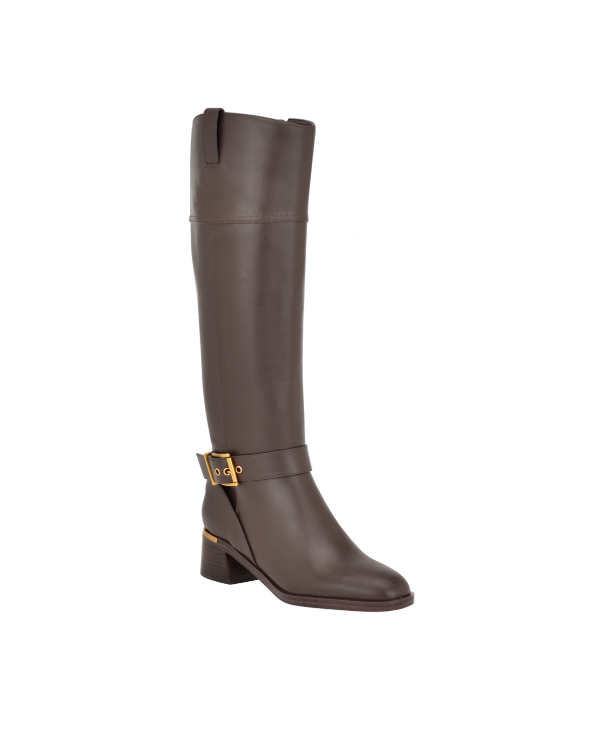 Shop Guess Women's Eveda Block Heel Buckle Detailed Regular Calf Riding Boots In Dark Brown