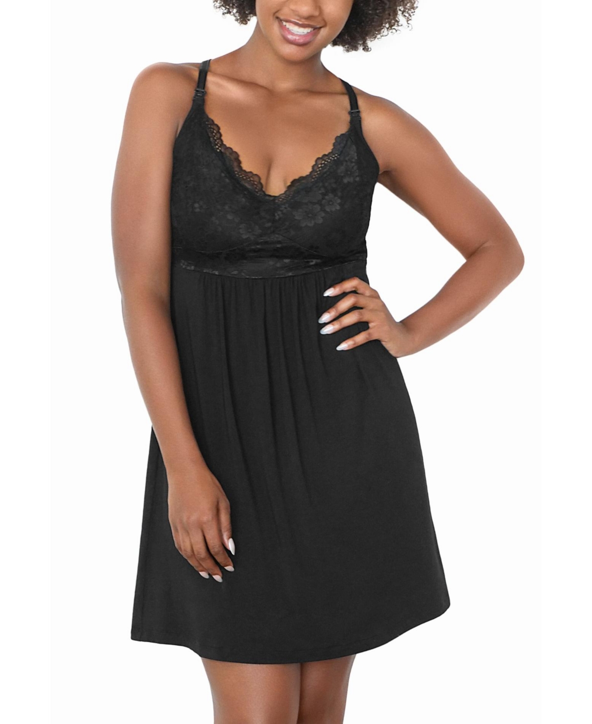 Women's Plus Size Lucille Lace Maternity & Nursing Nightgown - With Clip Down Cups - Black
