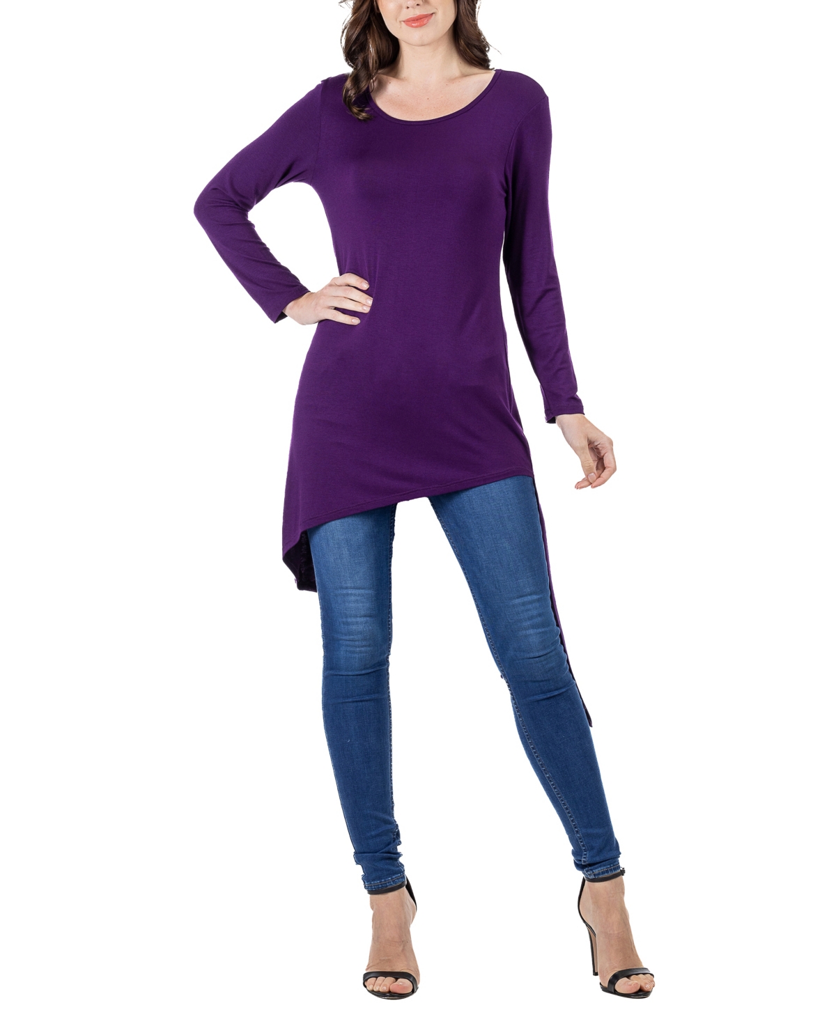 24seven Comfort Apparel Women's Long Sleeve Knee Length Tunic Top In Plum