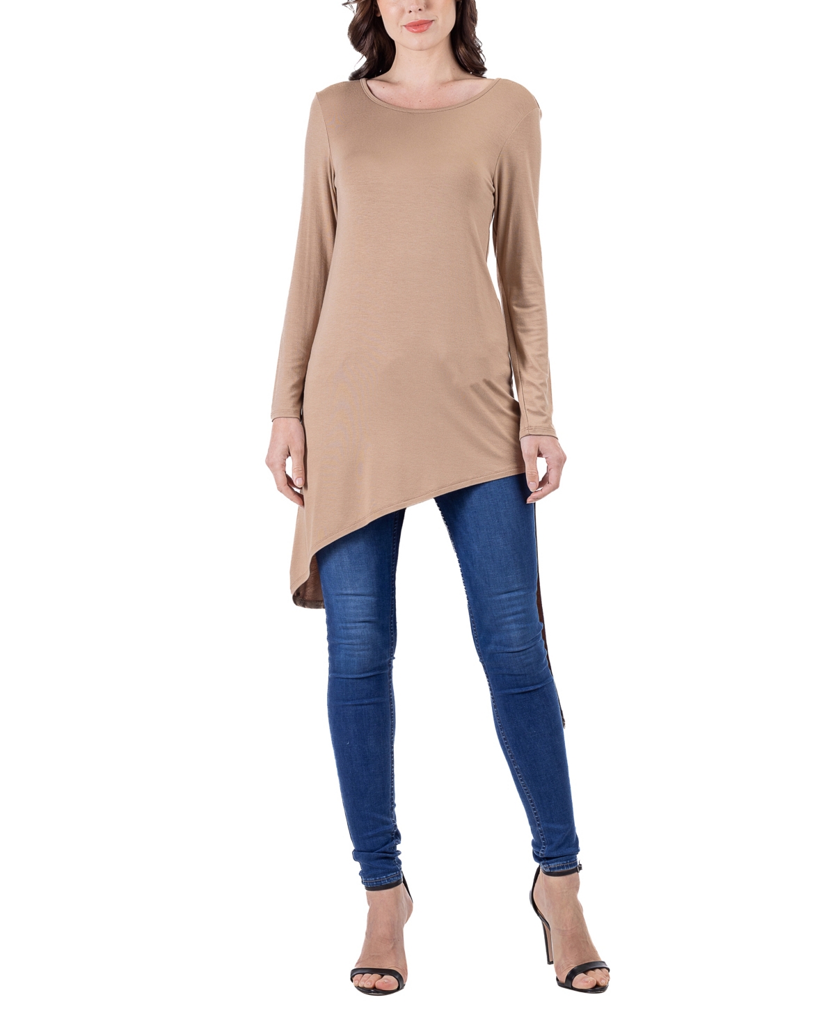 24seven Comfort Apparel Women's Long Sleeve Knee Length Tunic Top In Taupe