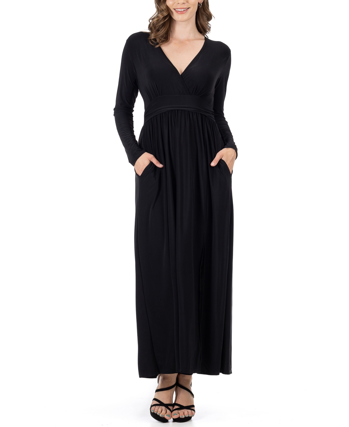 Shop 24seven Comfort Apparel Women's Long Sleeve V-neck Side Slit Maxi Dress In Black