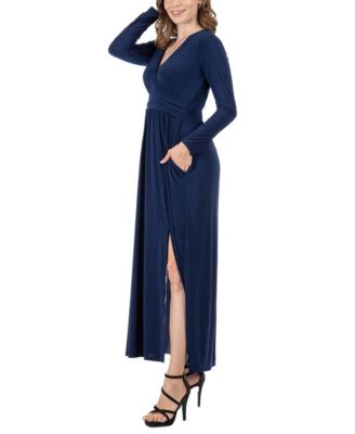 Women's Long Sleeve V-neck Side Slit Maxi Dress