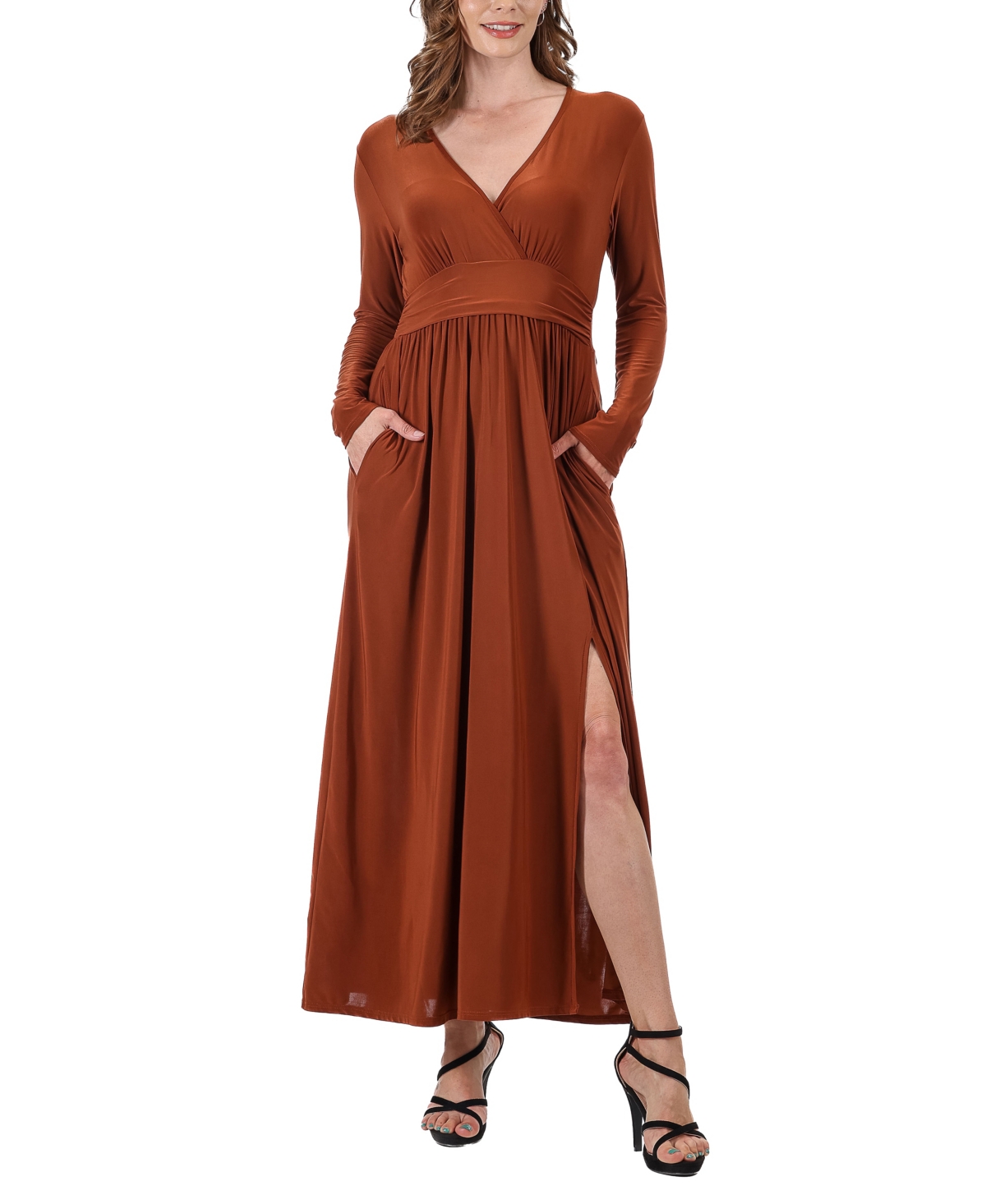 Shop 24seven Comfort Apparel Women's Long Sleeve V-neck Side Slit Maxi Dress In Tobacco