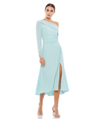 Mac Duggal Women's Ieena Foldover Long Sleeve Jeweled Midi Dress - Macy's