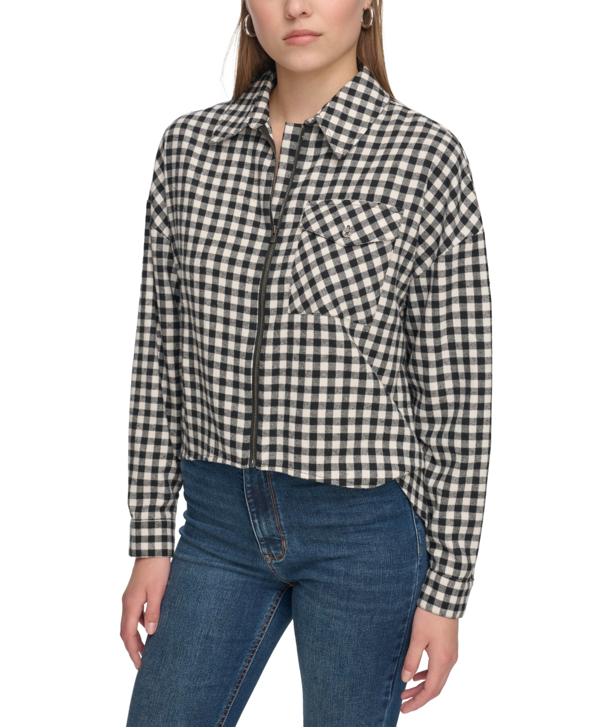 Dkny Jeans Women's Plaid Zip-front Long-sleeve Shirt In Black,white