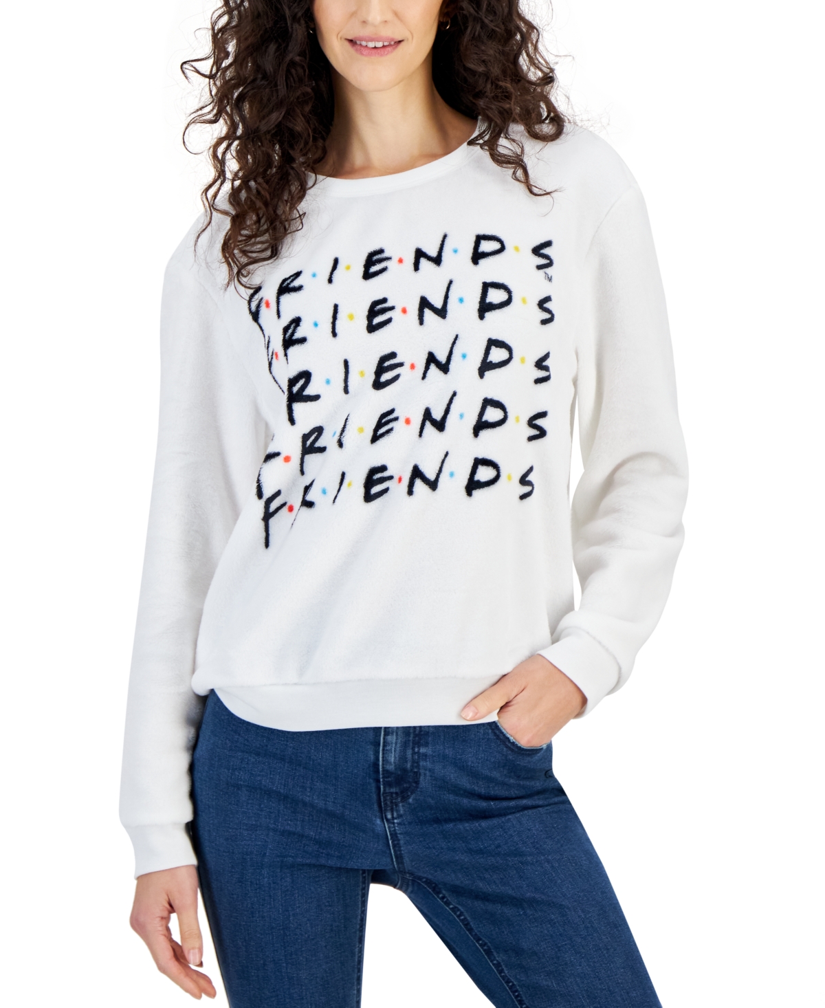 Love Tribe Juniors' Friends Graphic Long-sleeve Cozy Pullover In Snow White