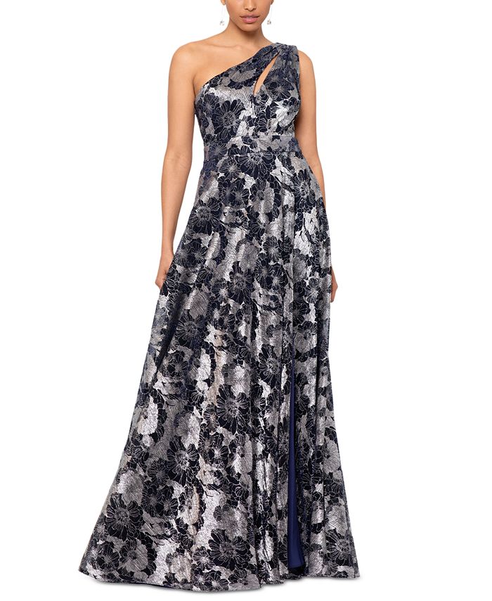 Betsy & Adam Petite One-Shoulder Metallic Floral Jacquard Gown - Macy's